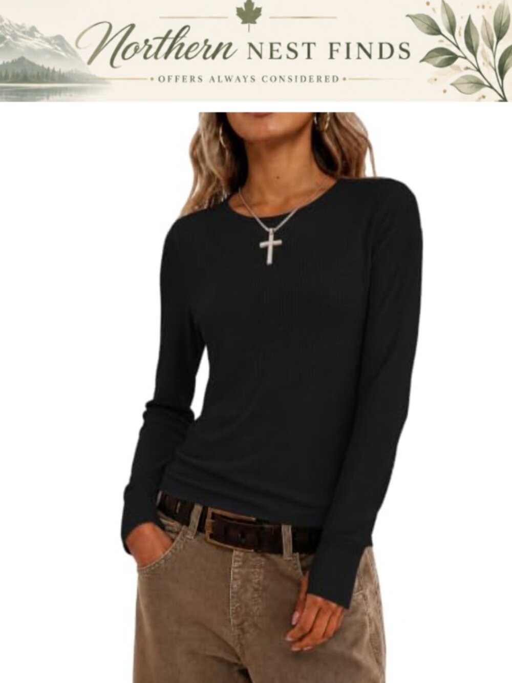 Womens Waffle Knit Long Sleeve Top Thumb Hole Crew Neck Pullover